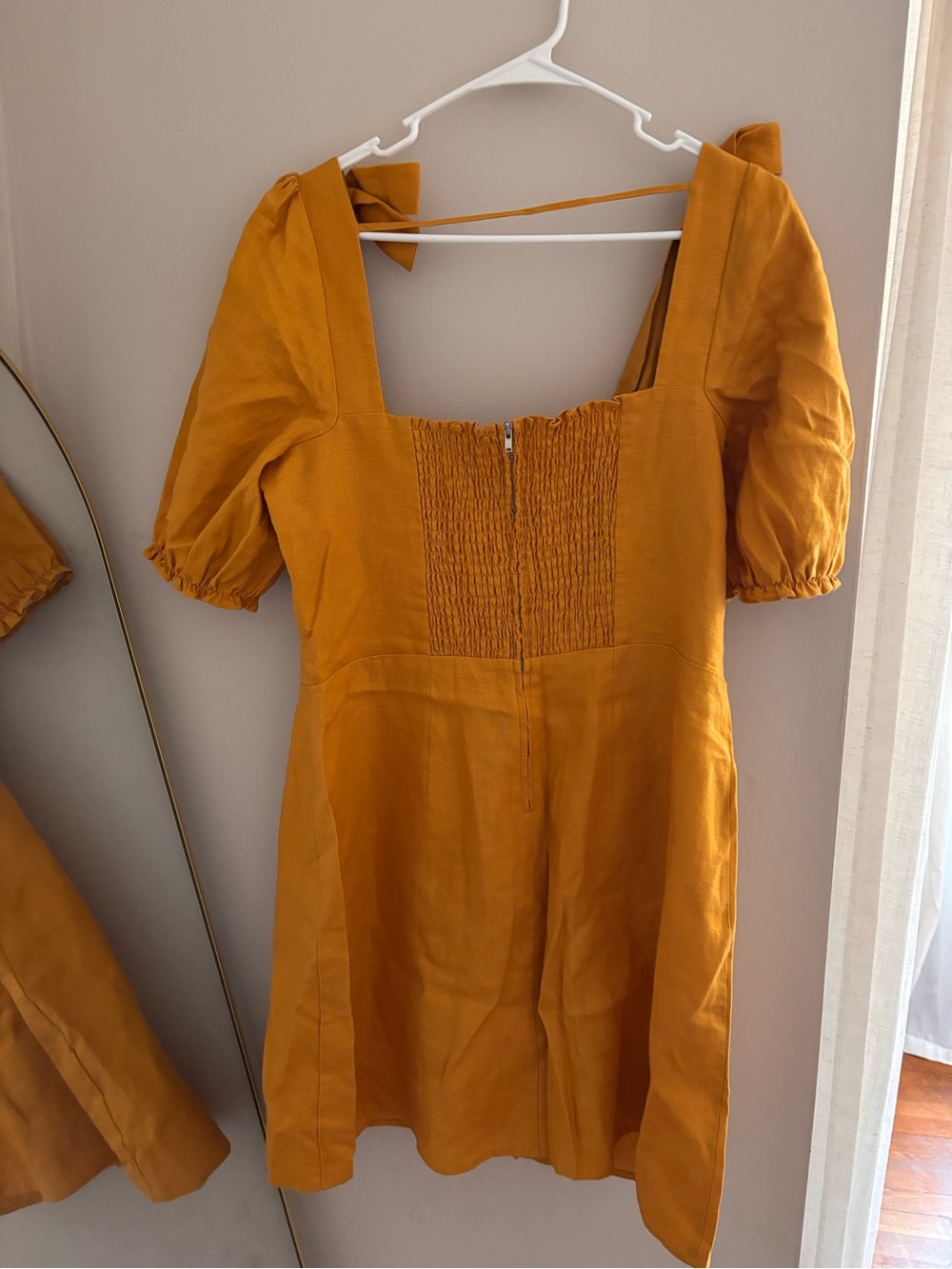 NWOT Reformation | 100% linen, Mustard Puff-Sleeve Mini Dress - Picture 7 of 10